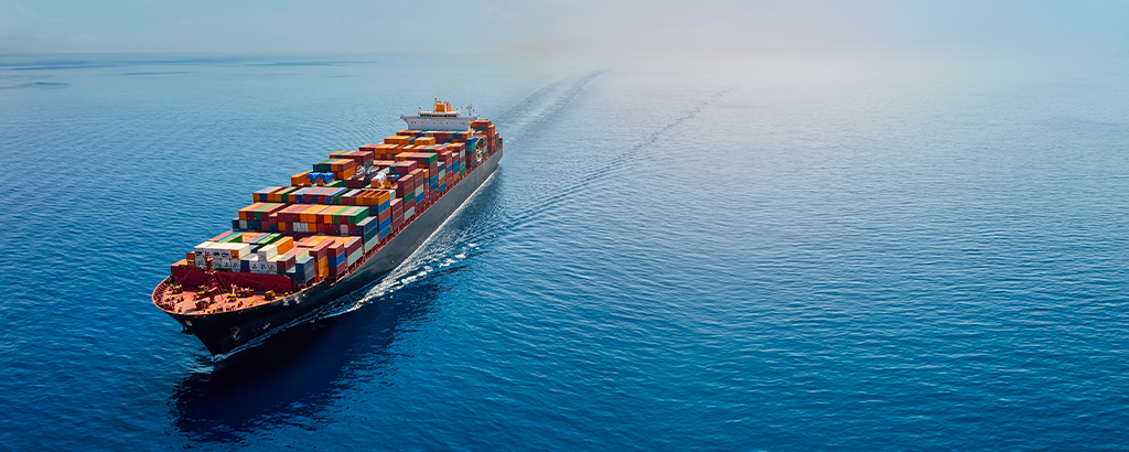 Container ship at a busy port